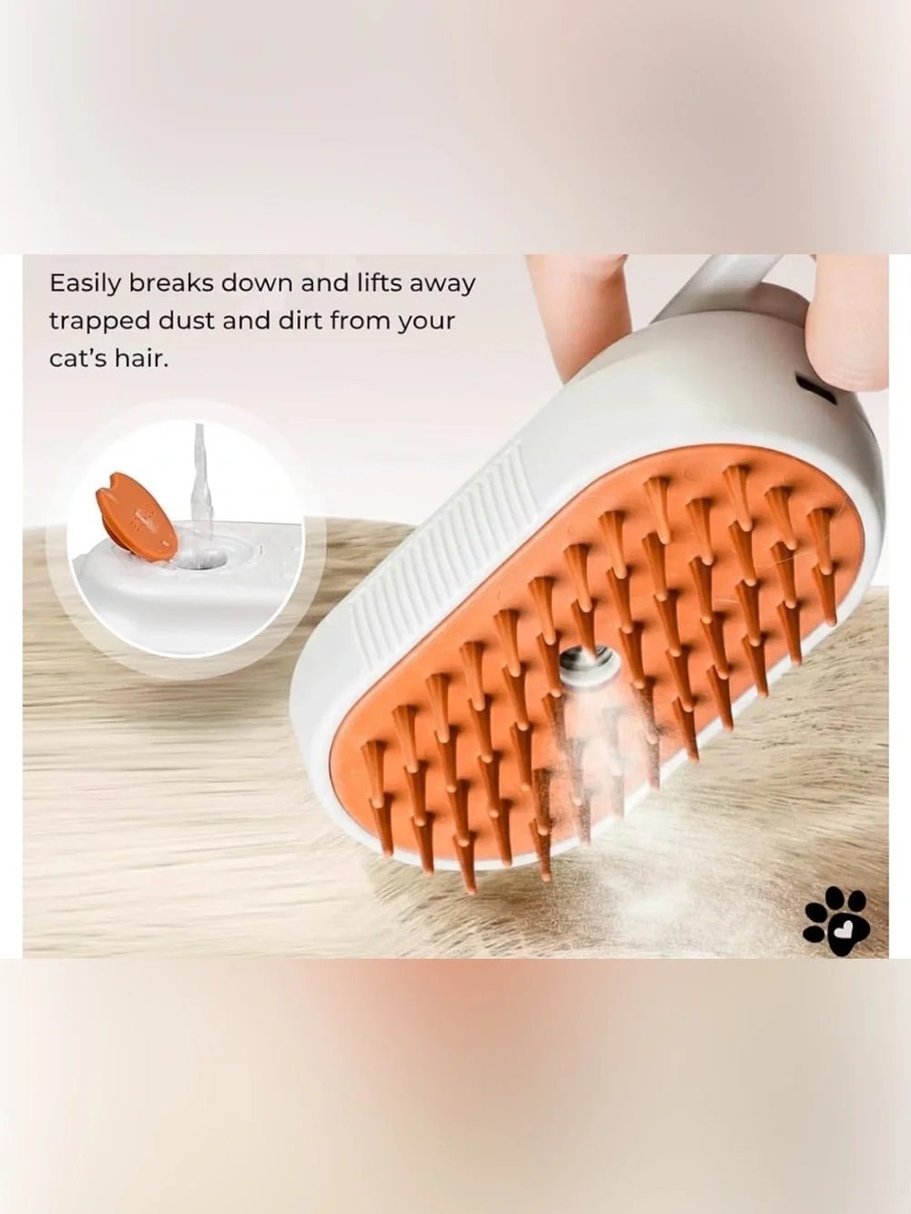 Rechargeable Steam Pet Grooming Brush for Cats & Dogs - White and Orange